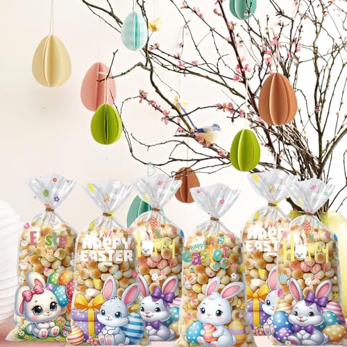 BASEMMAHER 50 Pieces Easter Candy Gift Packaging Bags Spring Bunny Egg Flowers Cellophane Treat Bags Goodies Cookies Gift Wrappings Bags for Easter Holiday Birthday Party Favors Supplies
