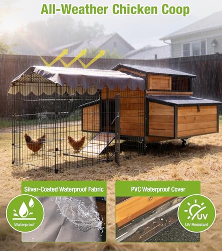 GUTINNEEN Large Chicken Coop with Run with All-Arounded Iron Frame Chicken Tractor Mobile Chicken House with Large Run and Nesting Box Waterproof Outdoor Poultry Cage for Backyard - size: 76.7"L x 53.8"W x 36.8"H