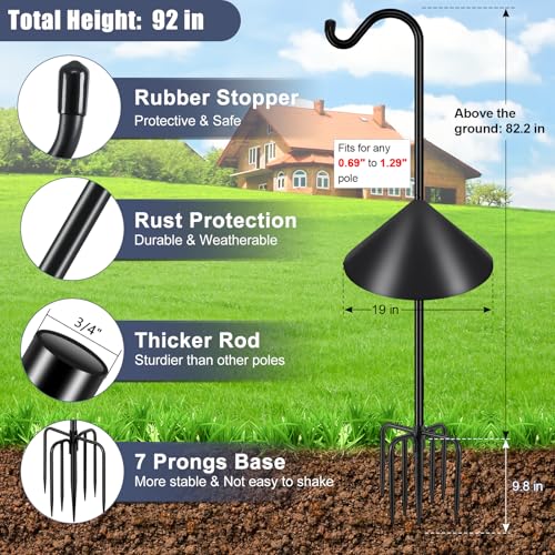 Gtongoko Bird Feeder Pole Squirrel Proof 92 Inch Shepherds Hook for Outdoor with Squirrel Baffles Adjustable Heavy Duty with 7 Prongs Base for Hanging Plants, Bird Feeders, Black - size: 92 Inch with Baffle