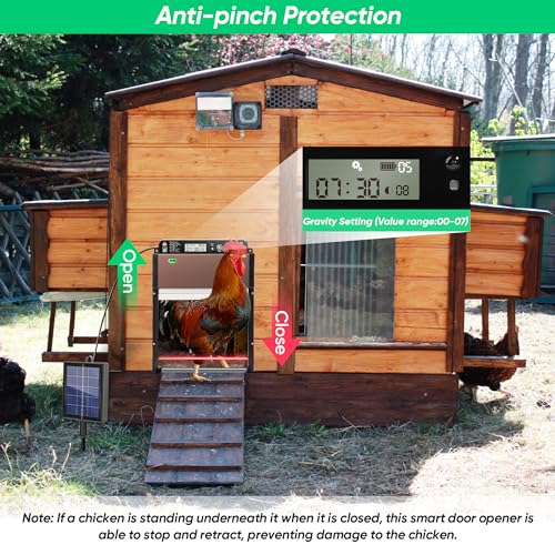 Automatic Chicken Coop Door Solar Powered, Anti-Trap Chicken Door with LCD Screen, Light Sensor, Timer, Remote Control, Anti-Pinch Design,for Chicken, Duck, Goose Farms