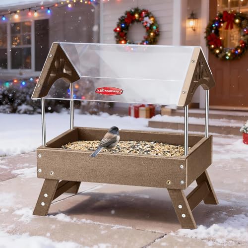 Kingsyard Covered Platform Ground Bird Feeder for Outdoors, Brown | Rain-Resistant Roof, Weather-Resistant Recycled Poly Lumber, Metal Mesh Bottom, Foldable Legs, Tool-Free Assembly - color: Brown