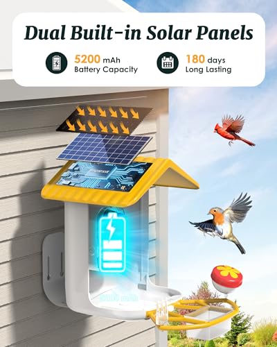 Bird Feeder with Camera Solar Powered 2K Video with 32GB Card Auto Capture | Instant App Alert, AI Identify, Easy Refill, 1.8L Capacity, IP65 Weatherproof, Pole/Bracket Mount, 3 DIY Add-ons, 2.4G Wifi - color: Yellow