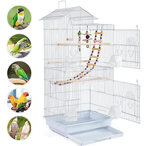 Yaheetech 39-inch Roof Top Medium Parakeet Bird Cages for Cockatiels Conures Finches Budgies Canaries Lovebirds Parakeets Green Cheek Small Birds Parrots, Travel Flight Birdcage w/Toys, White - color: White