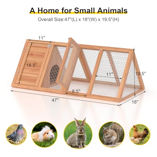 Rabbit Hutch Outdoor Chicken Coop Run A-Frame Bunny Cage Wooden Quail Cage w/ 2 Door & Ventilated Wire Fence Small Animal Cage for Garden Backyard Farms 47 x 18 x 19.5 in - color: Wood