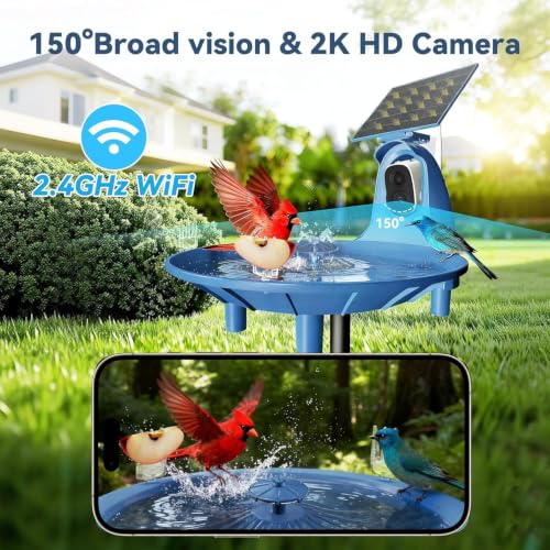 Solar Bird Bath with 2K Camera, Smart Birdhouse Fountain Outdoor | Color night vision, Smart AI species recognition, Solar powered pump, Ideal nature gift for parents & friends