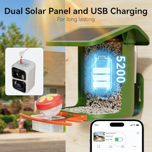 Bird Feeder with Camera Solar Powered, 5GHz, 2K HD Live 1.8L AI Bird | 2.4g WIFI,Bird Instant Alerts, 1.8L Large-Capacity Hopper, Weatherproof Design, Easy Refill, Gift for Bird Lovers (Green) - color: Green