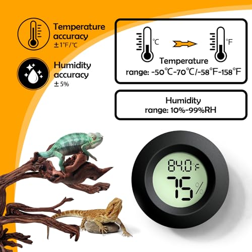 Reptile Tank Accessories, 2 PCS Reptile Thermometer and Humidity Gauge for Bearded Dragon, Jumping Spider, Leopard Gecko, Hermit Crab, Gecko, Ball Python, Lizard - color: Black Round