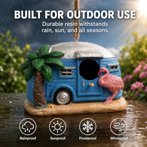 Coastal Flamingo Camper Birdhouse, Hand Painted Resin Bird House for Outdoors, Waterproof Hanging Garden Decor for Patio, Backyard & Tree - style: flamingo