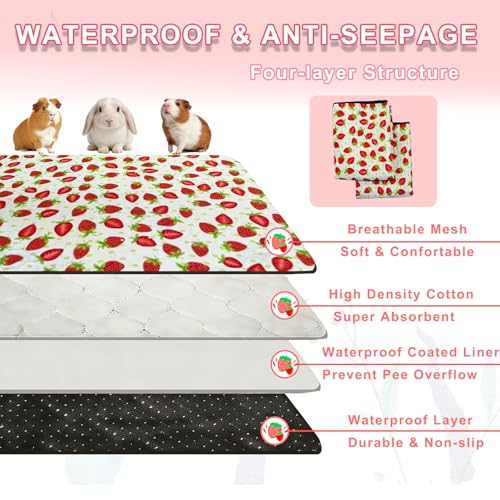 2 Pack Guinea Pig Cage Liners, 24"x48" Washable Waterproof Bedding for Rabbit, Bunny, Hamster & Small Animals, Reusable Super Absorbent Pee Pads for C&C Cage, Strawberry Print - size: 24x48 inch 2pack
