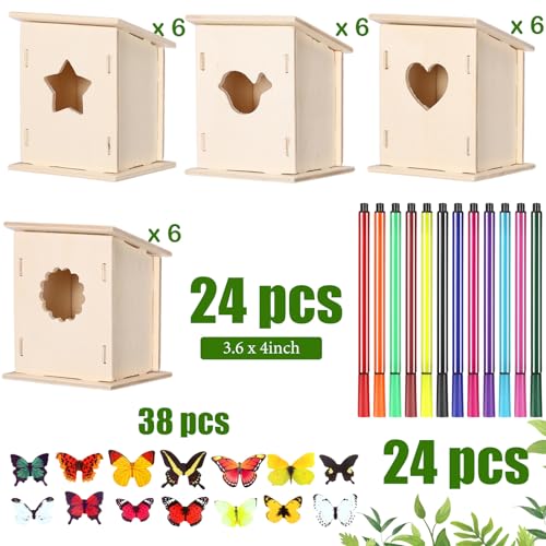 Outus 24 Pcs Wooden DIY Birdhouse Kits for Kids to Build, 4 Shapes Birdhouse Kit Wooden Unfinished with Butterfly Sticker for Boy Girl Arts Crafts(Classic)