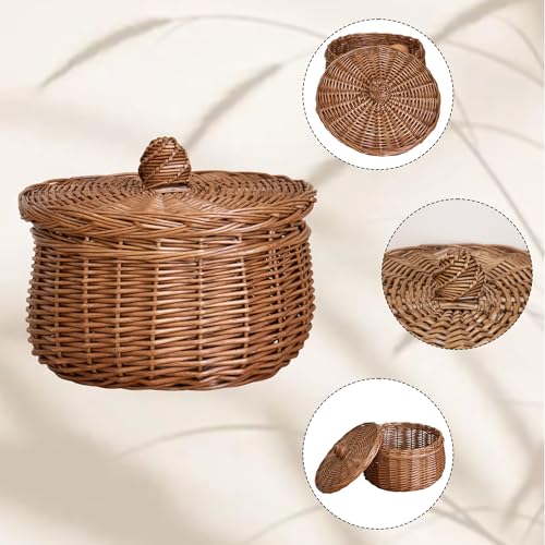 Handwoven Round Wicker Egg Basket with Lid for Kitchen & Fruit | Small Round Rustic Storage for Countertop, Pantry, Farmhouse & Bedside Table Use