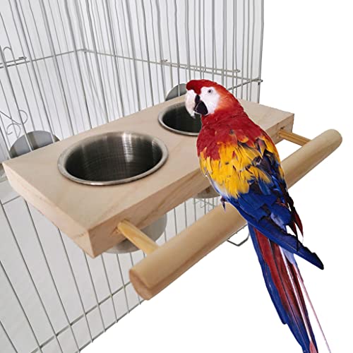 2 in 1 Bird Perch Feeder Stainless Steel Feeding Cups Water Bowls with Wood Perch Stand Platform for Small Birds