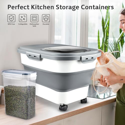 Rice Storage Containers, Collapsible 20 to 30Lbs Food Storage Bin Dispenser with Rolling Wheel and Clear Airtight Lid, BPA Free Flour, Sugar, Cereal and Dog Cat Pet food Containers - color: White