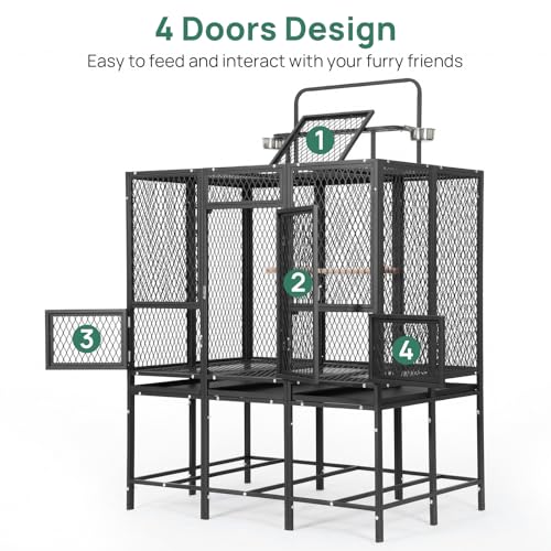 44" Carbon Steel Bird Flight Cage Detachable Playtop Indoor Outdoor | Heavy Duty Carbon Steel Flight Cage for Cockatiels, Parakeets, Conures & Lovebirds (Indoor & Outdoor Use) - color: black
