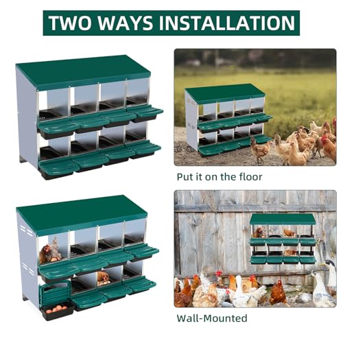 GarveeHome 2-Tier Chicken Nesting Box, 8 Compartment Metal Chicken Laying Boxes with Waterproof Roof ＆ Removable Trays for Hens, Poultry，Easy Egg Collection - color: Green, size: 8 holes