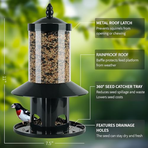 Squirrel Proof Bird Feeder - 360° Feeding Perch Tray for Outdoor Hanging Wild Bird Seeds, Dark Green. - color: 11"H Dark Green