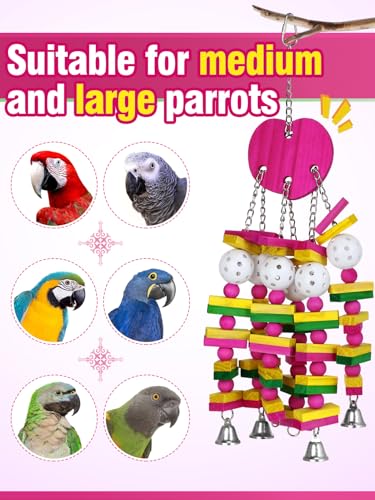 Large Bird Parrot Toys for Cockatoos African Grey Macaws Amazon Parrots | MEWTOGO, Brightly Colored, Appealing to Birds, Natural Wood, Bird Gifts, Peach Style - color: Hot pink