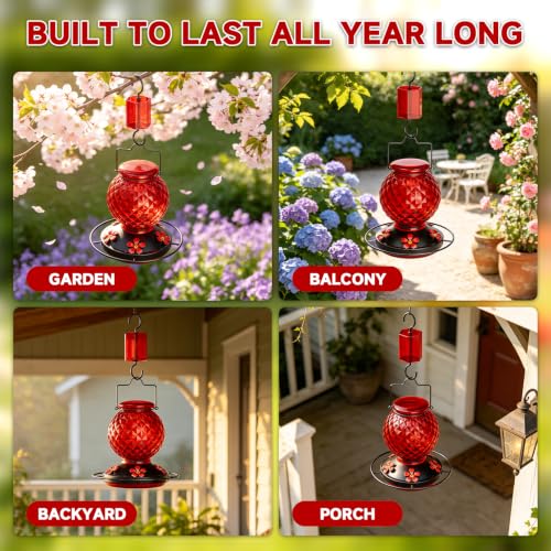 Glass Hummingbird feeders for Outdoors, 5 Feeding Ports Hummingbird Feeder, Wide Mouth for Easy Filling andCleaning, Hanging for Garden Backyard Decor, Includes Ant Moat (Red 1 Pack) - size: PACK 1