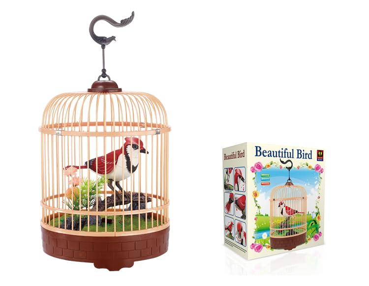 PowerTRC Singing & Chirping Bird in Cage, Realistic Sounds & Movements, Sound Activated, Battery Operated, Great Desk and Room Accessory, Pet Caged Bird Toy (10” x 7”) - color: #2 Red & White