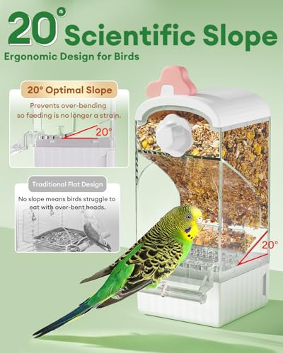 Bucatstate No Mess Bird Feeder, Auto Dispenser, Dual Filter & Waste Drawer | External Hanging, Fits 4.7"x3.3" Side Opening, for Parakeet Cockatiel Budgie Canary,for Square Cages