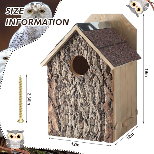Weysat 1 Pack Screech Owl House for Outdoor Owl Nesting Box for Outside 12 x 12 x 19 Inch Cedar Wood Weather Resist Hang Handcraft Bark Shelter for Owls Bird Wildlife Lovers Garden Decor Easy Assembly