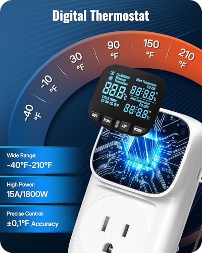 Digital Temperature Controller Outlet, 15A/1800W Heavy Duty Thermostat Plug, VA LCD Display, Heating/Cooling Control, -40°F~210°F, 4 Timer Modes, for Greenhouse Incubator Homebrew W01TC06 - color: White-6.6ft