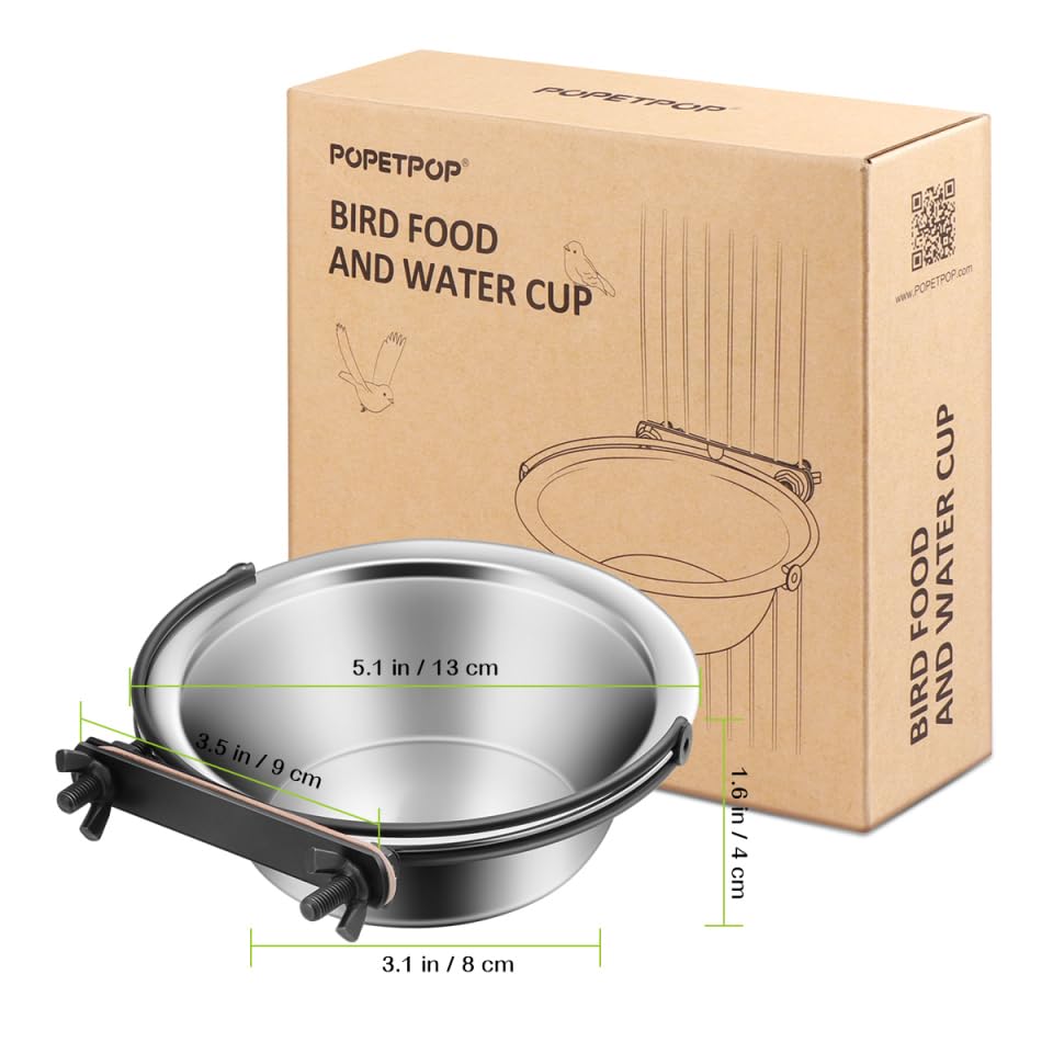 Small Bird Feeding Dish Cups 3.1In 12oz Stainless Steel Rust-Proof Parrot Cage Feeders with Clamp Holder Quick-Detach for Seed & Water, Fits Cockatiel Parakeet Macaw Finches Lovebirds