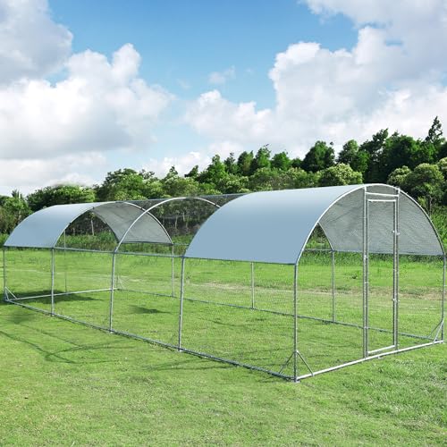 Large Metal Chicken Coop Round Top Upgrade Tri-Supporting Wire Mesh Chicken Run,Chicken Pen with Water-Resident and Anti-UV Cover,Duck Rabbit House Outdoor (25'L x 9'W x 6.5'H) - size: 300.0"L x 108.0"W x 78.0"H