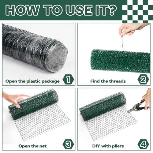 15.7” x 157” Chicken Wire for Floral Arrangements, 0.6” Hexagonal PVC Coated Galvanized Chicken Wire Mesh, Green Lightweight Fencing Wire for Garden