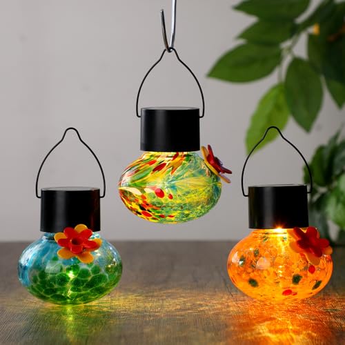 Nuogo 3 Pcs 3.54 Inch Blown Glass Hummingbird Feeders Solar Powered Hummingbird Feeder with LED Light for Garden Outdoors Window Decor Valentine Hanging Gifts Ant and Bee Resistant(Classic Colors) - color: Color A, style: Classic