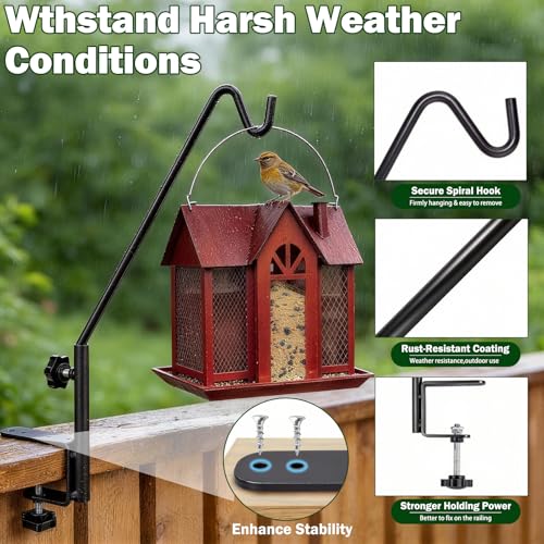 15 Inch Deck Hooks Hanger for Railing 2 PCS, 360° Swivel Adjustable | Heavy Duty Solid Shepherds Hooks for Outdoor Hanging Plants, Deck Hook for Bird Feeder, Railing Plant Hanger Bracket Outdoor - size: 15Inch -2PCS