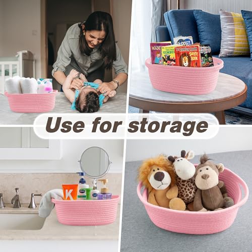Pro Goleem Small Woven Basket with Gift Bags and Ribbons Durable Baskets for Gifts Empty Small Rope Basket for Storage 12"X 8" X 5" Baby Toy Basket with Handles, Pink - color: pink