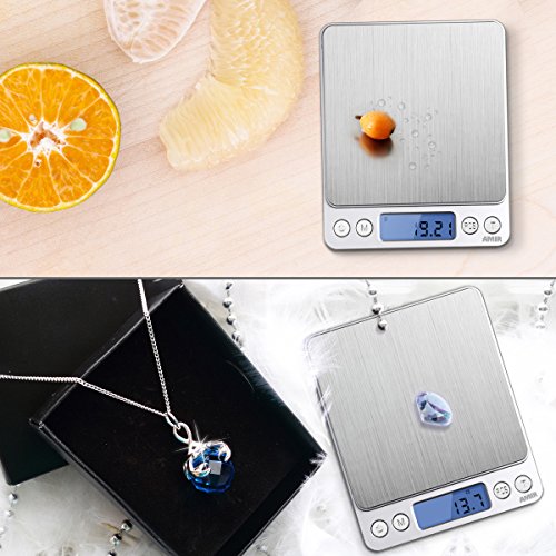 (Upgraded) AMIR Digital Kitchen Scale, 500g Mini Pocket Jewelry Scale, Food Scale, Coffee Scale, Back-Lit LCD Display, 2 Trays, 6 Units, Auto Off, Tare, PCS, Stainless Steel (Batteries Included) - color: Silver