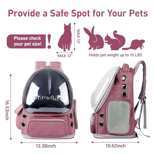 Cat Backpack Carrier with Large Space Bubble Window, Airline Approved Breathable Pet Carrier for Small Dogs Cats up to 15lbs, Foldable for Travel Hiking & Outdoor Use - color: Pink
