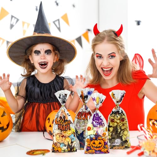 Lhocm Halloween Cellophane Treat Bags, Halloween Candy Cookies Goodie Gift Bags with Ties for Party Favors Supplies, 100pcs - color: Halloween 100pcs