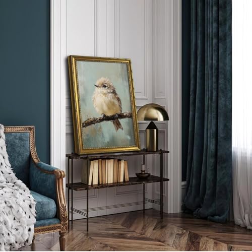 DR.RiftArt Cute Fluffy Bird on Branch Wall Art Rustic Farmhouse Decor | Vintage Gold Framed Bird Oil Painting Canvas Print, Animal Wall Decor for Living Room Bedroom Office, 16x24 Inch - color: Cute Bird, size: 24"L x 16"W