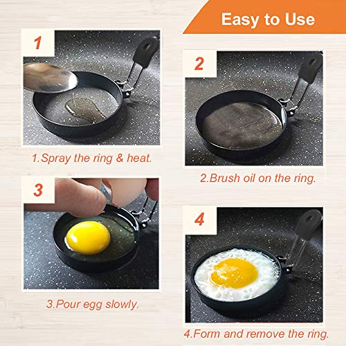COTEY 3.5" Egg Rings Set of 2 with Silicone Handle, Large Ring for Frying Eggs, Round Mold for English Muffins - Griddle Cooking Shaper for Breakfast | Stainless Steel Fried Egg Cooker Ring Molds for English Muffin. Heat-resistant Silicone Handles Ideal f