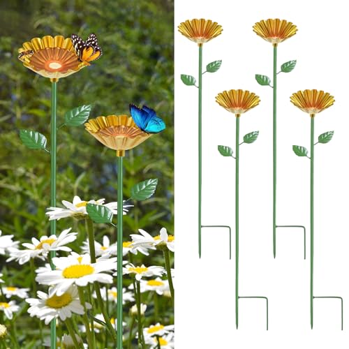 M METERXITY 4-Pack Bee Watering Station, 64cm/25 Inch Iron Bee Bath for Garden Water Feeder, Colorful Butterfly Bath Bowl for Outdoor/Garden/Yard Decor [Yellow] - color: Yellow