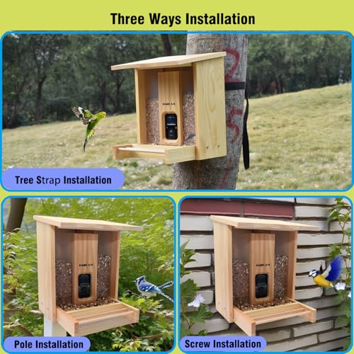 Smart Wooden Bird Feeder with Camera-Solar Power,Bird AI Identifier,1080p HD,5200mAh Battery,3.5L Extra Large,Twin Seed Bins