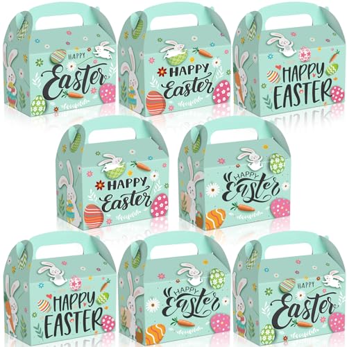 Soaoo 48 Pcs Happy Easter Treat Boxes Paper Boxes for Candy, Cookies and Party Supplies, Cute Cardboard with Handles Wedding Birthday Holiday Goodies (Happy Easter)
