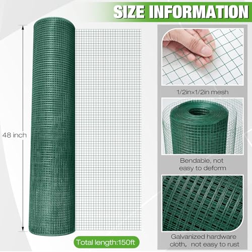 Tatuo Hardware Cloth 1/2 Inch 48in x 150ft Hot Dip Galvanized After Welded Cage Mesh Rolls 21 Gauge Metal Chicken Wire Roll Wire Fencing Poultry Netting for Raised Garden Rodent Animals(Green) - color: Green, size: 48in X 150ft