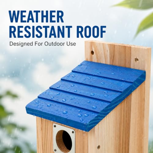 Wooden Birdhouse, Natural Cedar Nesting Box with Blue Roof, Predator Guard, Cleanable Door for Finch, Wren, Sparrow
