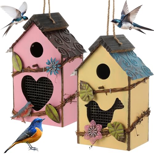 DoubleFill 2 Pcs Birdhouses for Outdoor Hanging Yard Outside Wooden Birdhouse Hand Painted Bird Box for Bird Lovers Bluebird Tree Garden Decor Decorative Birdhouse(Pink,Yellow,Iron Roof) - color: Pink,Yellow, size: Iron Roof