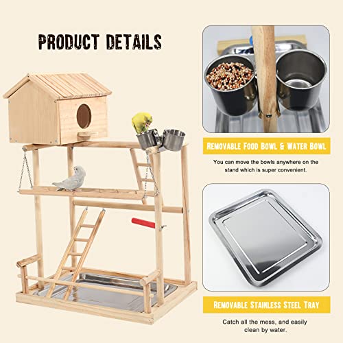 HiCaptain Large Bird Playground, 3 Layers Cockatiel Playground, Pet Parrot Playstand Gym Wooden Playpen Birds Play Stand with Nesting Box, Ladder, Feeder Cups