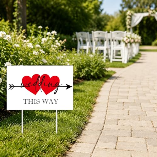 Rngmsi 3PCS Wedding This Way Sign, 17” X 11” Inch Double Sided Wedding Direction Arrow Signs with 6 Metal Stakes for Wed Ceremony and Reception Indoor Outdoor Decor - color: Wedding