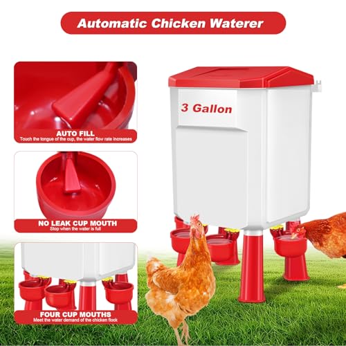 Auto No Waste Chicken Feeder and Waterer Set 3 Gallon/26.4 Pounds | Sturdy & Durable Chick Feeder and Waterer Set, Poultry Feeder Large for Hens/Ducks/Poultry - color: Red