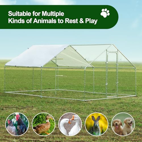 Chicken Coop Large Metal Chicken Run, Outdoor Walk-in Poultry Spire Roof Cage with Chicken Perch for Hen House, Duck Coop and Rabbit Run, Silver (9' L x 13.1' W x 6.56' H) - size: 157.5"L x 118.1"W x 78.7"H