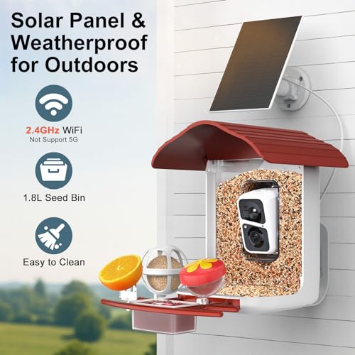 birdsnap® PAV Bird Feeder with Camera Solar Powered 2K Live Video 64GB Card | AI Bird Species Identification, Instant Arrival Alerts, IP65 Waterproof, Wild Bird Feeders for Outdoors, Gift for Bird Lovers - color: Red