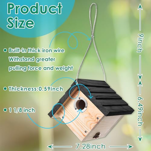 Dreyoo 1 Pack Wren House, 1-1/8'' Entrance Hole Hanging Wooden Wren Bird Houses for Outside with Metal Guard, Air Vents, Pine Wood for Chickadees (Black) - color: Black