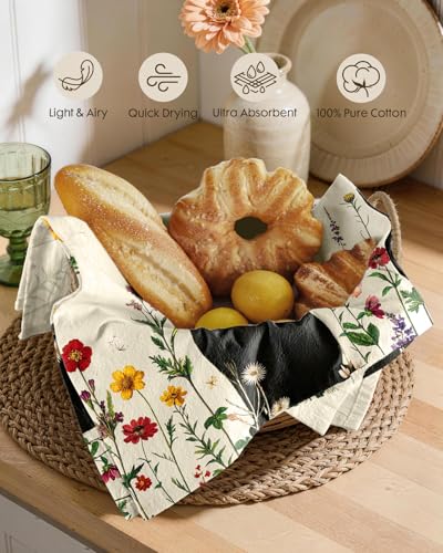 150GSM Flour Sack Kitchen Towels Set of 2, Retro Cats Floral | 18"x26", Lightweight, Lint-Free, Pure Cotton, Decorative, with Hanging Loop, Absorbent, Softer after Wash, Giftable Package - color: Cat in Flower